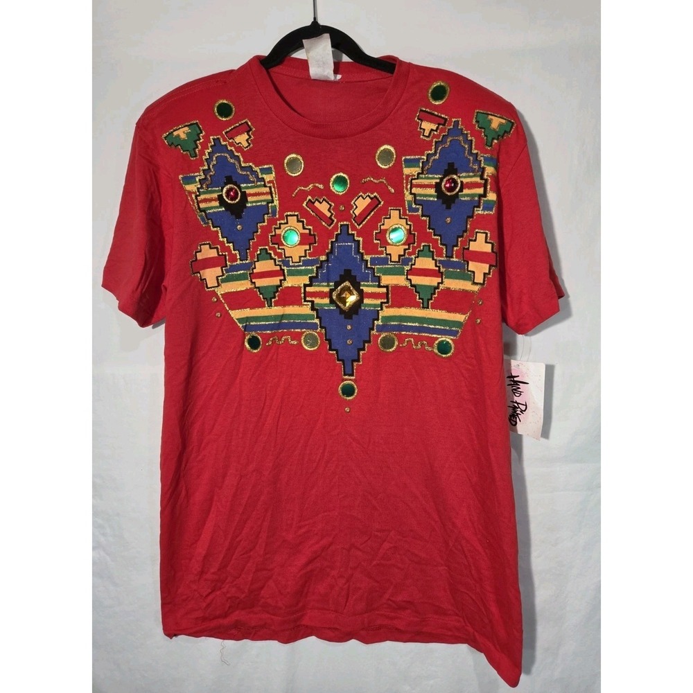 90s KWBL Hand Painted Print Red Aztec Southwestern T Shirt One Size Made In USA